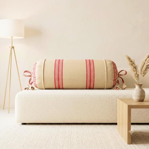 Image of SAJAVAT HOME Bolster Cover Pack of 2, Light Yellow Red Stripe Cotton Bolster Pillow Covers with Tie Closure | Round Pillow Cover Set for Bed, Sofa & Side Pillow | 16x32 Inch