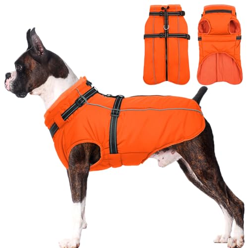 Lelepet Dog Winter Coat Waterproof Dog Jacket with Harness Built in Windproof Reflective Pet Coats for Small Medium Large Dogs, Thermal Fleece Lined Coats for Cold Weather Walking Hiking, Orange, M