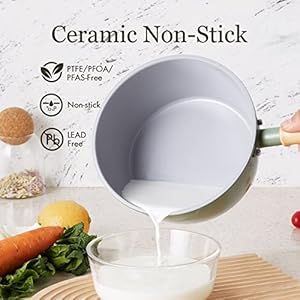 ROCKURWOK Ceramic Nonstick Sauce Pan with Lid 2 Quart Cooking Pot Small Saucepan with Steamer PTFE PFAS Free Wooden Handle for Cool Touch Universal BaseGas Electric Induction Green