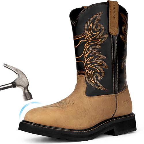 Hunthor Men's Cowboy Work Boots, Square Steel Toe EVA Mid-Sole with GoodyearWelt Leather Anti Slip Western Boots for Manufacturing, Construction, Farming （Black, Size 7）