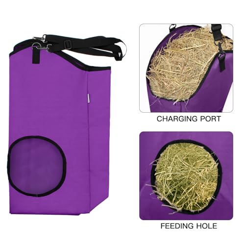 MIYABALA 3 Packs Goat Hay Feeder,Hay Bags for Goats,Horses,Sheep,Premium 600D Oxford Cloth,with Metal Fastener and Adjustable Open Feed Hole for Slow Feeding. (2Purple + 1Black) - Thumbnail 5