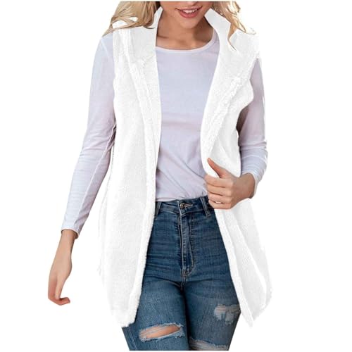 Women Fuzzy Fleece Cardigan Vest Solid Casual Tops Sleeveless Hooded Fleece Blanket Jacket With Pockets