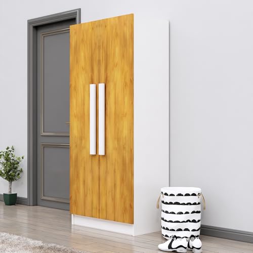 Image of Bniture 2 Door Wardrobe for Bedroom | Almirah for Clothes with 4 Shelves | Spacious Storage Cupboard for Bedroom | Wooden Wardrobe (46D x 80W x 182H CM) | 3 Years Warranty | Frosty White & Giant Wood