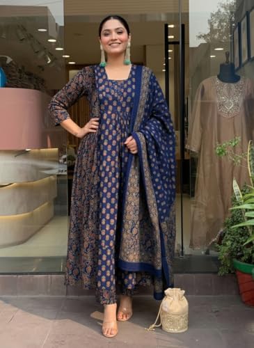 Image of ANNI Designer Women's Viscose Printed A-Line Kurta Set with Pant and Dupatta | Ethnic Wear Dress | V-Neck | 3 /4 Sleeve Indian Traditional Outfit for Women