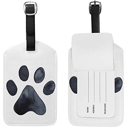 Preisvergleich Produktbild Carneg Schwarzer Hund Pfotenabdruck Leder Reisegepäckanhänger Set lustige personalisierte PU-Tasche Kofferetiketten mit Gurt Kabel Ausweis