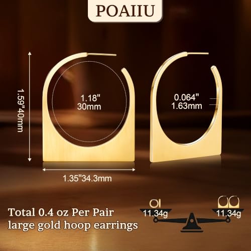 Large Gold Hoop Earrings for Women, 14K Gold Plated Architectural Geometric Statement Earrings, S925 Sterling Silver Post Hypoallergenic Brushed Matte Lightweight Sculptural Face-Framing Dangle Modern Jewelry Gift — view 5
