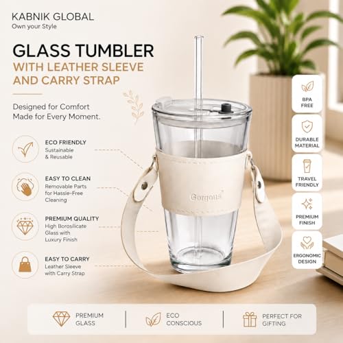 Image of Glass Tumbler with Lid, Straw & Leather Sleeve, 450ml Portable Drinking Glass Cup with White Carry Strap, Reusable Travel Tumbler, Coffee mug, Juice, Smoothies, Iced Drinks & Daily Use (White)