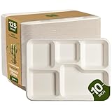 Comfy Package 100% Compostable 5 Compartment Plates [125 Pack] Eco-Friendly Disposable Sugarcane Paper Trays
