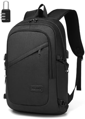 KONO Laptop Rucksack Herren Arbeit 15,6 Zoll, Schwarz | Leicht & Wasserabweisend, Arbeitsrucksack mit USB-Anschluss, Zahlenschloss & Laptopfach für Büro, Uni und Reisen
