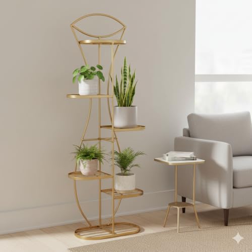 Image of MetalTouch Multi-Tiered Metal Flower Pot Stand - Indoor 6 Layer Tier Iron Plant Pot Display Plant Pot Holder Tall Plant Flower Shelf for Living Room Balcony Living room & Court Garden (Surai Gold)