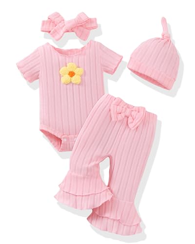 Renotemy Preemie Newborn Baby Girl Clothes Summer Baby Outfit Newborn Essentials Coming Home Outfits Preemie Clothes Girl Light Pink Short Sleeve Romper Premature Bodysuit Bell Bottom Pants Set