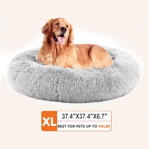 Image of NEWBULIG Round Donut Dog Bed, Large Sized Beds for Indoor Cats and Dogs, Machine Washable Pet Sofa with Anti-Slip, Super Soft Durable Fabric, 37x37 Inch, Grey
