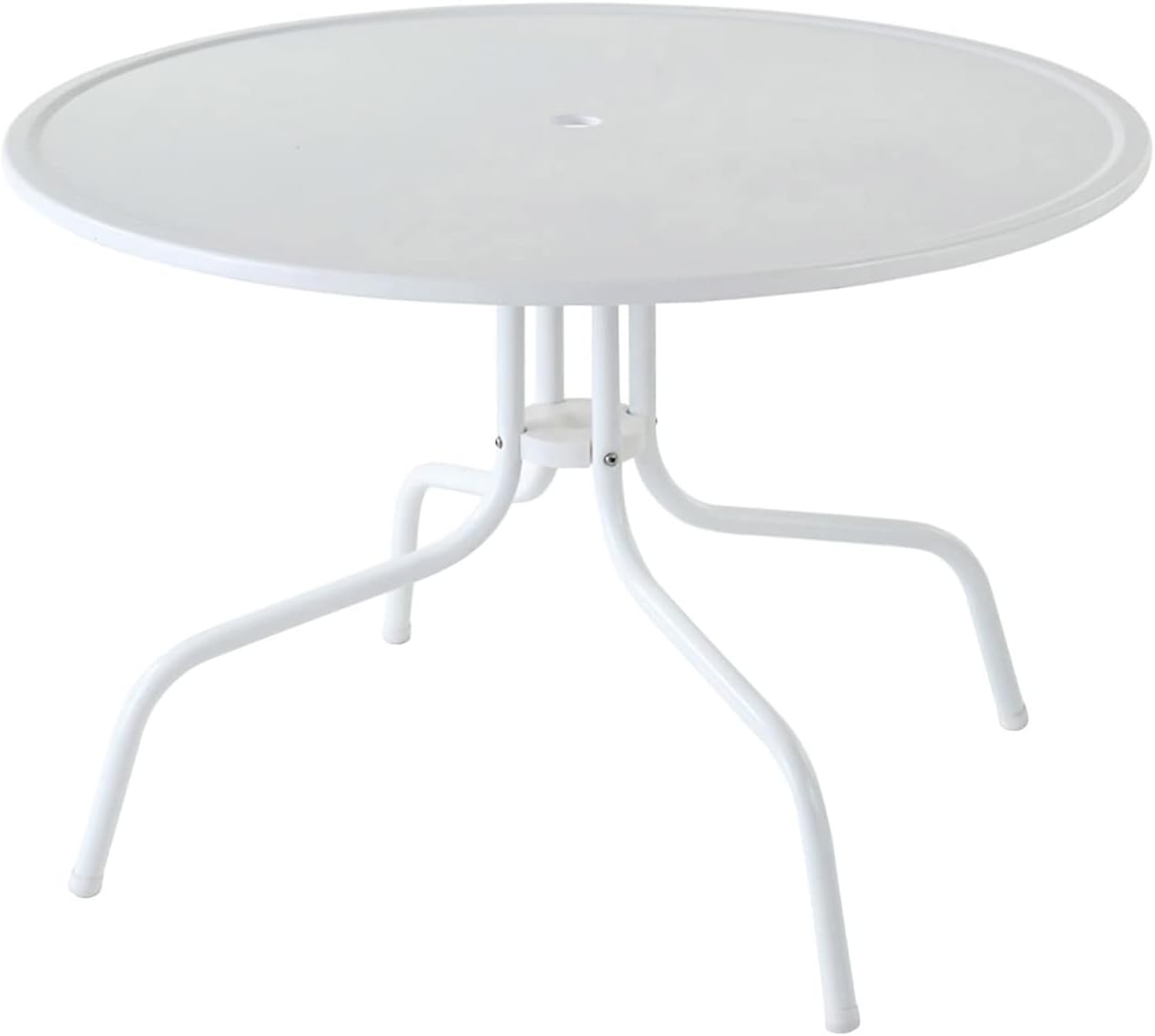 crosley furniture griffith retro metal round outdoor dining table with umbrella hole for outside patio, alabaster white