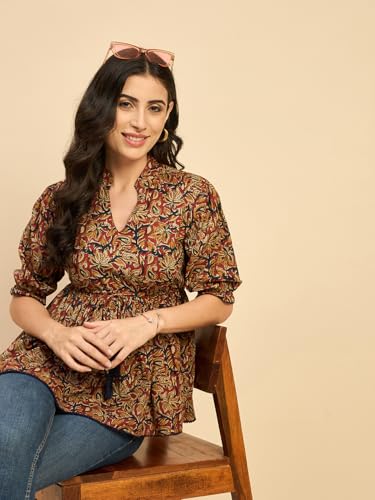 Image of Azira Cotton Printed Mandarin Collar | Blue Color | Casual Top | Woman Top| Tops for Woman | Stylish Summer Wear