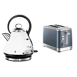 Russell Hobbs Wasserkocher Legacy Floral weiss, 1,7l, 2400W, Schnellkochfunktion & Toaster Inspire grau, 2 extra breite Toastschlitze, inkl. Brötchenaufsatz, 6 einstellbare Bräunungsstufen