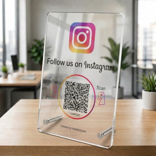 NFC Social Media QR Code Stand for Instagram - Follow Us Sign with Metal Standoffs - Large Clear Acrylic Social Media QR Code Display - No APP, No Fees -Smartphone Compatible (6.3 * 4.53 inches)