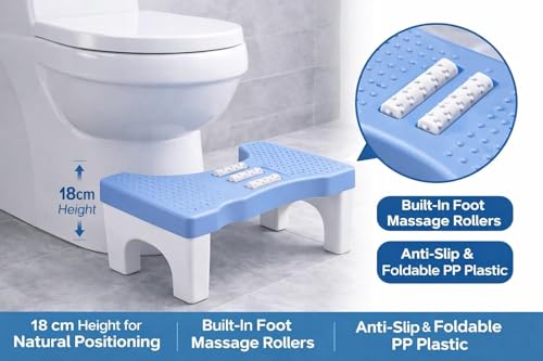 Image of A to Z Hub Polypropylene (PP) Perfect Posture Bathroom Toilet Step Stool with Massage Rollers, 18 cm Height, Foldable Design, (Grey and Black) (Blue)