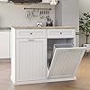 RASOO Double Tilt Out Trash Can Cabinet Freestanding Wooden Kitchen Garbage Can with Solid Wood Tabletop and 2 Drawers
