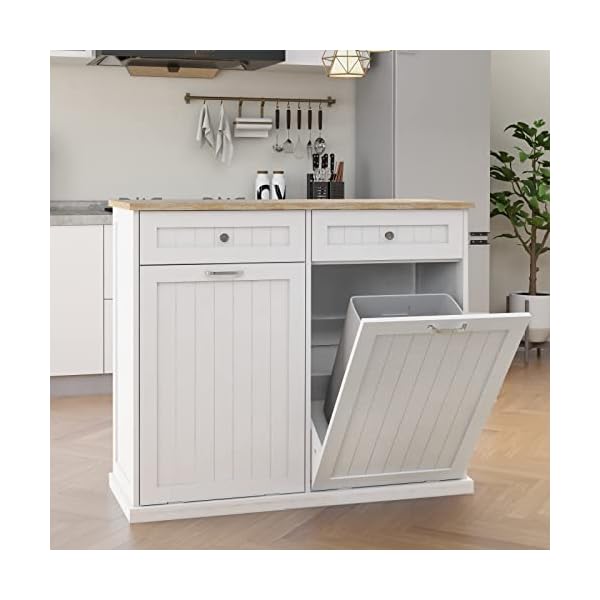 RASOO Double Tilt Out Trash Can Cabinet Freestanding Wooden Kitchen Garbage Can with Solid Wood Tabletop and 2 Drawers