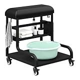 Adjustable Pedicure Foot Rest with 3-Level Height, PU Cushion, Storage & Locking Wheels, Mobile Pedicure Cart Foot Bath Trolley for Foot Bath, Salon & Spa (Black)
