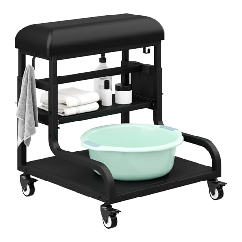 Adjustable Pedicure Foot Rest with 3-Level Height PU Cushion Storage & Locking Wheels Mobile Pedicure Cart Foot Bath Trolley for Foot Bath Salon & Spa (Black)