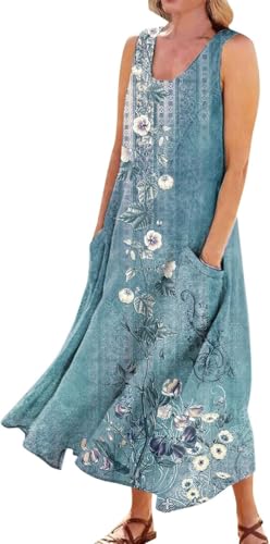 Image of Apvirdy Linen Dress for Women Summer Sleeveless Solid Casual Baggy Flowy Maxi Dresses with Pockets