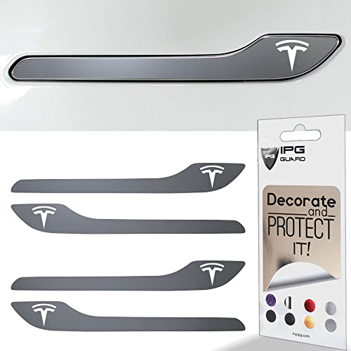 Image of IPG Compatible for Model 3 / Model Y /Juniper Door Handle Decal Sticker Wrap Kit (Set of 4) with Tesla Logo Personalize Your Tesla (Gloss Silver)