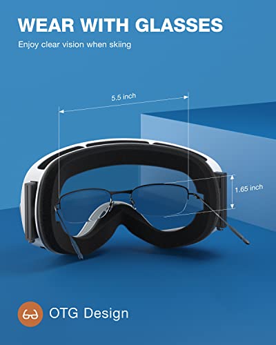 ZIONOR X Ski Snowboard Snow Goggles OTG Design for Men Women Adult with Spherical Detachable Lens UV Protection Anti-fog (VLT 9% White Frame Revo Silver Lens)