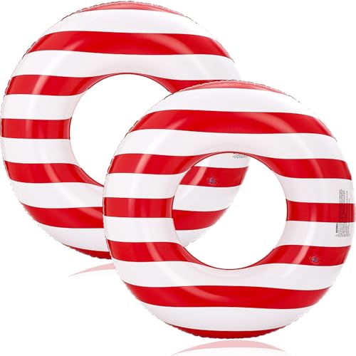 2 Pack Large Inflatable Pool Float for Adults 36 Inch Classic Striped Swim Rings Swimming Pool Tubes for Teens Summer Beach Themed Party (Red)