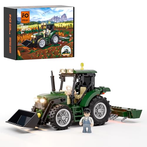 FUNWHOLE Bauernhof Traktor Beleuchtung Bauklötze Set - Retro Traktor Modell mit Minifigur LED Licht Baukasten 367 Stück für Erwachsene und Jugendliche
