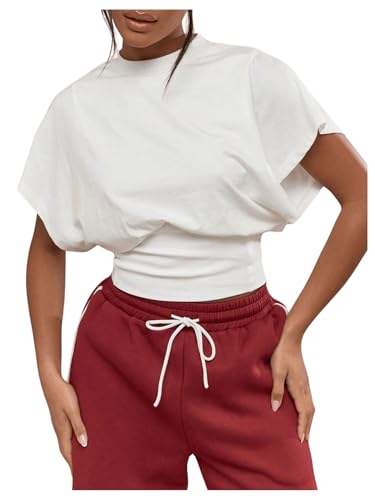 GORGLITTER Women's Dolman Short Sleeve Crop Tops Ruched Crew Neck Casual Going Out Tops