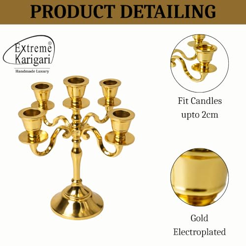 Image of Aluminum 5-Arm 8inch Gold Candelabra for Dining Table | Vintage Candle Stand for Romantic Dinner, Home & Wedding Decor