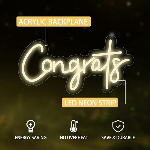 Image of Moneter Congrats Neon Sign, White Congrats Led Signs for Wall Decor, Congratulations Graduation Decoration Neon Lights for Party, Wedding, Banner