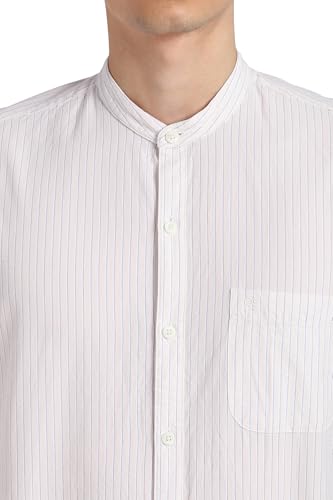 Image of Peter England Men's Casual Mandarin Collar Slim fit Full Sleeve Shirt in 100% Cotton Seersucker with Striped Design