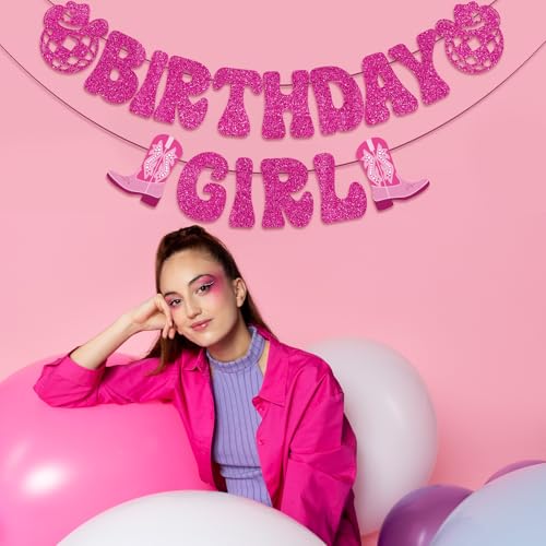 Image of Hot Pink Birthday Girl Banner, Disco Cowgirl Birthday Banner for Women, Western Cowboy Cowgirl BDAY Party Decorations Girls Rodeo BDAY Party Supplies