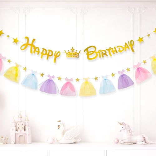 Cheerland Princess Birthday Banner Gold Stars Hanging Paper Garland 3D Dress Cutouts Happy Birthday Sign Backdrop for Bday Decor Picnic Classroom Royal Theme Quinceanera Party Decorations Supplies