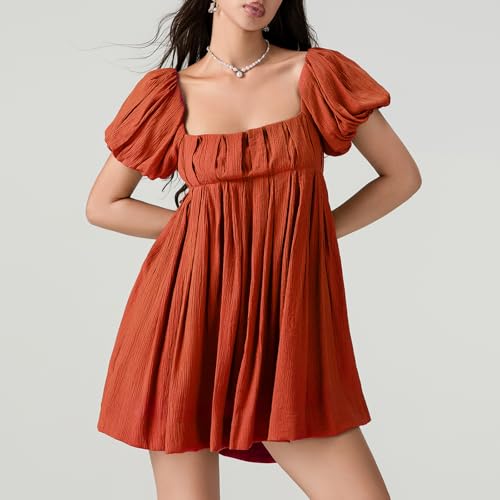 Image of Women Y2k Puff Sleeve Babydoll Dresses Square Neck Tie Back Mini Dress Summer Solid Off Shoulder Flowy Sundress