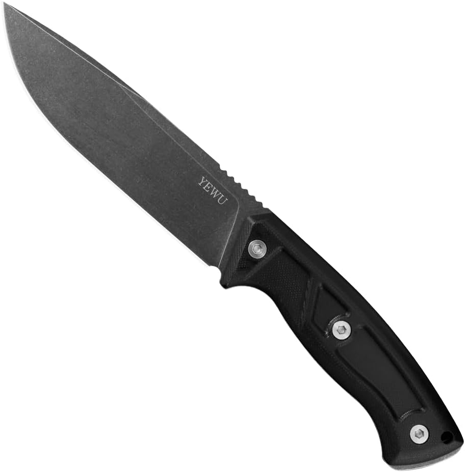YEWU Fixed blade knife G10 handle and Kydex sheath outdoor EDC camping, hunting, hiking hand tool (black grip)