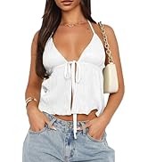 Women Y2k Front Tie Crop Tops Halter Neck Flowy Plisse Summer