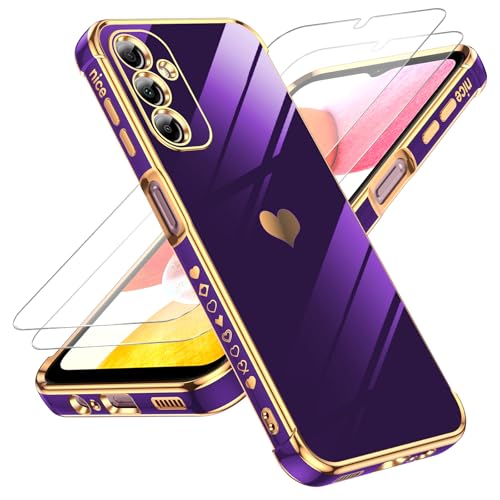 LeYi for Samsung Galaxy A14 5G Case: with Tempered Glass Screen Protector [2 Pcs]+Camera Lens Protection,Love Heart Plating Luxury Shockproof Case for Galaxy A14 5G, Cute Present for Mom, Dark Purple