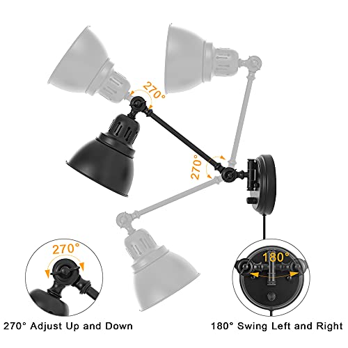 Encomli Plug In Wall Sconces Set Of 2, Wall Sconce Lighting With Dimmable On Off Switch, Swing Arm Wall Lamp, Black Metal Industrial Wall Light Fixtures, Safety E26 Base, 6Ft Plug In Cord #TOP3