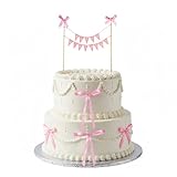 11 Pcs Bow Cake Toppers Happy Birthday Cake Bunting Topper with Wood Pole Handmade Pennant Flags, Happy Birthday Bowknot Cake Topper for Coquette Baby Shower Bridal Party Decoration