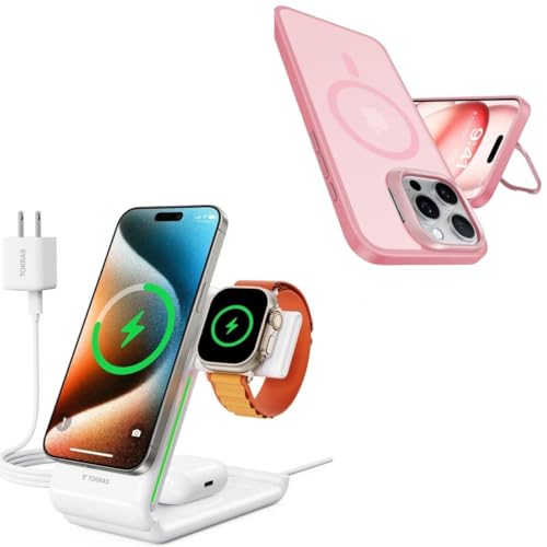 TORRAS Lstand iPhone 15 Pro Max Case Pink & 3 in 1 Charging Station with MagSafe Charger Stand