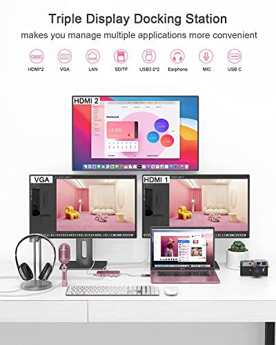 Image of QGeeM USB 3.0 Laptop Docking Station, Triple Display USB Hub Hdmi Splitter Extender Dual Monitor,USB Dock with 2 HDMI,VGA,USB 3.0,Compatible for MacBook M1 M2 M3 M4 Dell HP Lenovo Mac OS-Pink