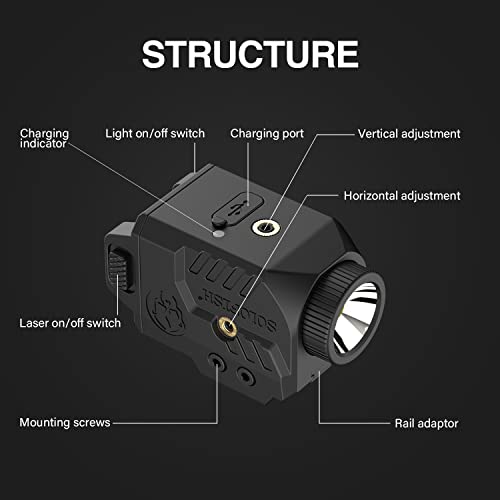 SOLOFISH 600lm Pistol Light Laser Combo with Adjustable Rail for Full & Compact Rail, Shockproof Green Laser Sight and Gun Light with Strobe & Memory Function, Rechargeable - Thumbnail 6