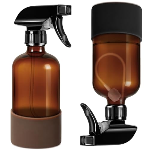 Tecohouse 2 Pack 360° Amber Glass Spray Bottles with Silicone Sleeve, 16 oz Empty Refillable Containers with Adjustable Spray Nozzles, Dark Spray Bottles for Cleaning Solutions, Plants (Black & Brown)