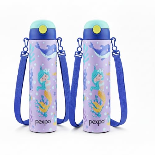 Image of Go24 pexpo Sporty ISI Certified Stainless Steel Water Bottle For School Kids - 700ml (Pack Of 2) | 6+ Years | Sipper Cap | Leakproof & BPA Free | Picnic, Travel, Sport - Purple Mermaid UV Print