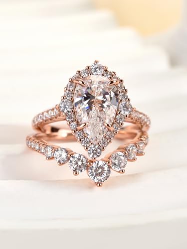 2.5CT Halo Pear Cut Bridal Ring Set,CZ Simulated Diamond Wedding Ring Set In Rose Gold Plated 925 Sterling Silver2