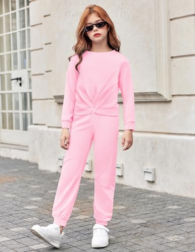 Image of Arshiner Girls 2 Piece Outfits Fashion Twist Front Tracksuit Long Sleeve Pullover Sweatshirt Sweatpants Jogger set Sweatsuit