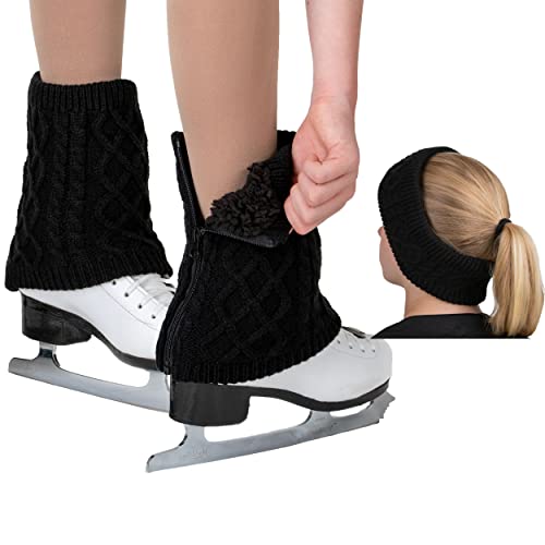 CRS Cross Leg Warmers and Headband Set for Figure Skating with Zipper. Fleece Lined Knit Keeps Legs Warm-Ice Skate Dance